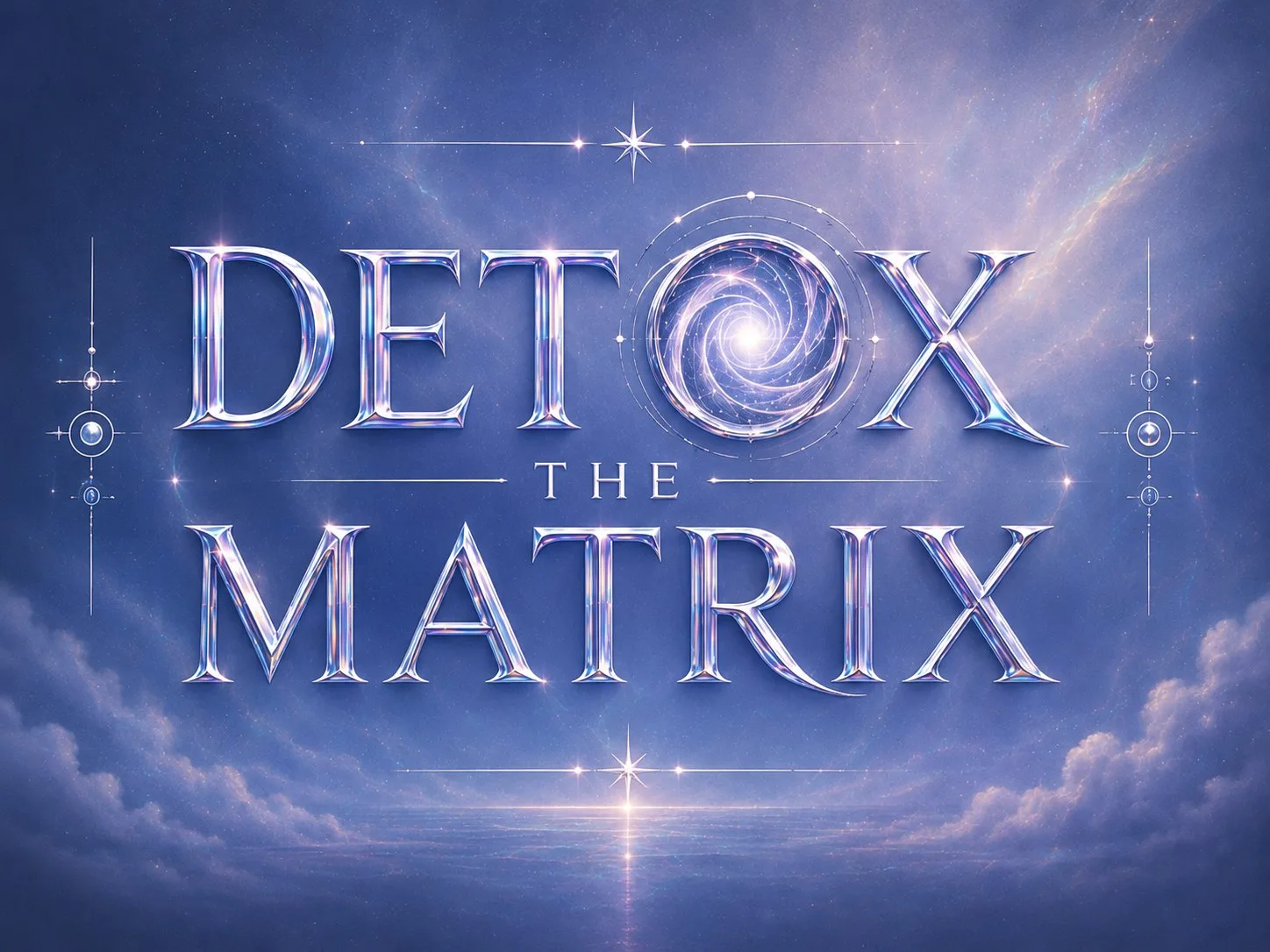 Detox the Matrix — chrome lettering in an indigo night sky, a spiral galaxy portal turning inside the O