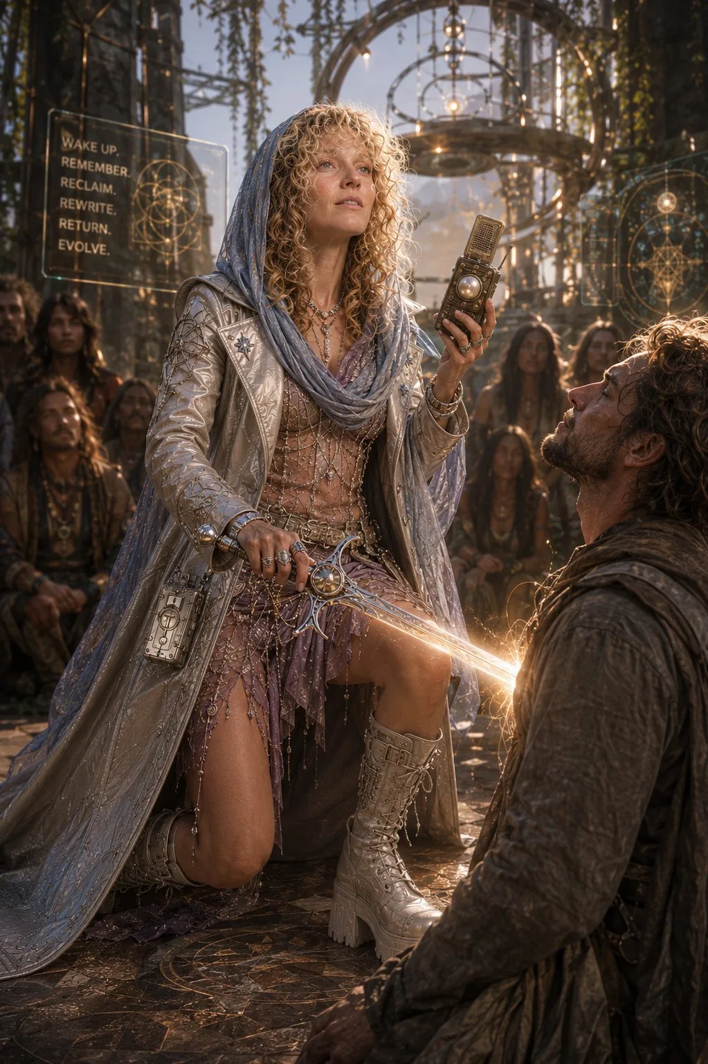 Teddi standing, extending the sword toward a seated man, a silver tower and banners behind her