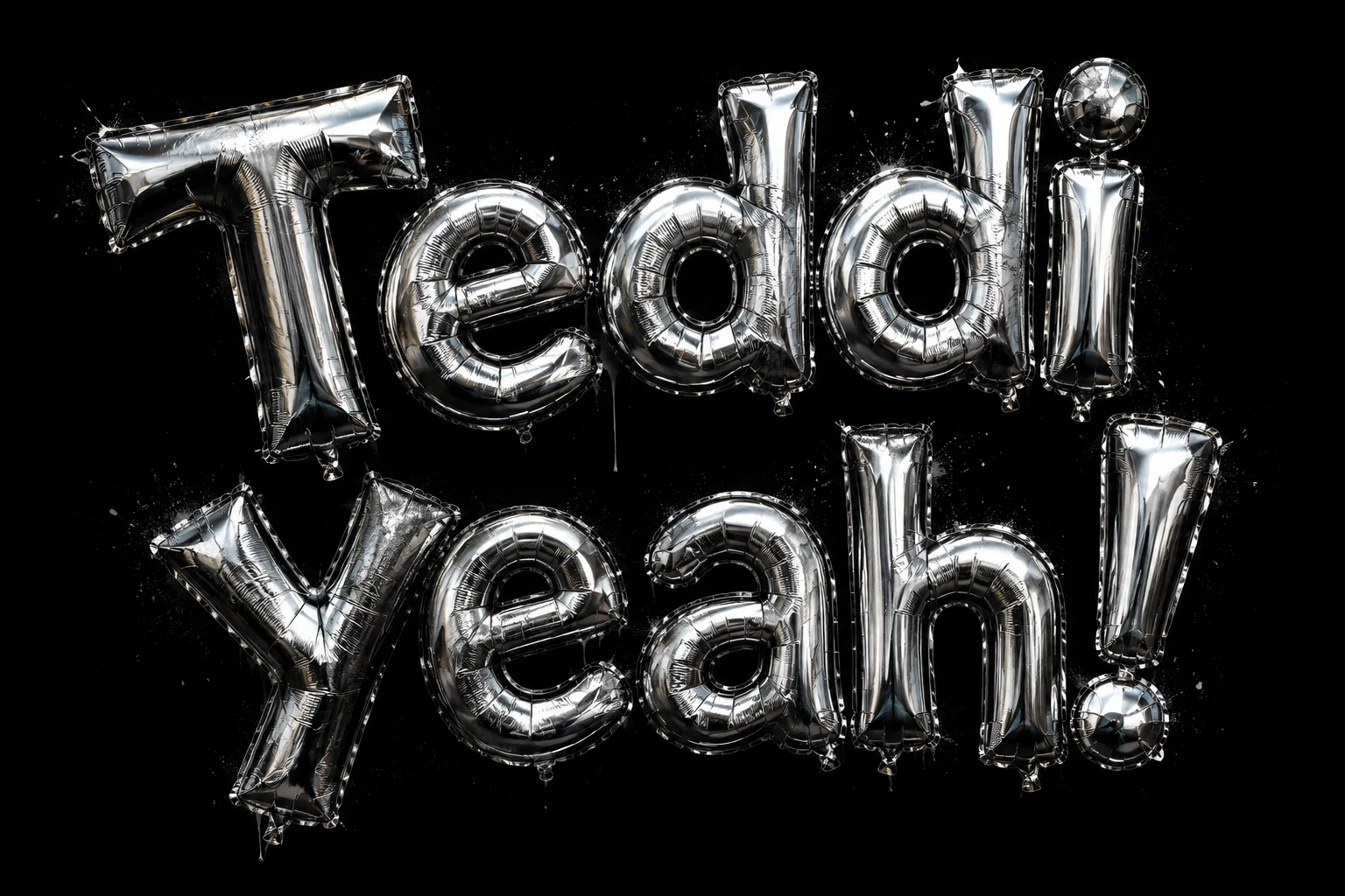 Teddi Yeah! spelled out in silver mylar foil balloons