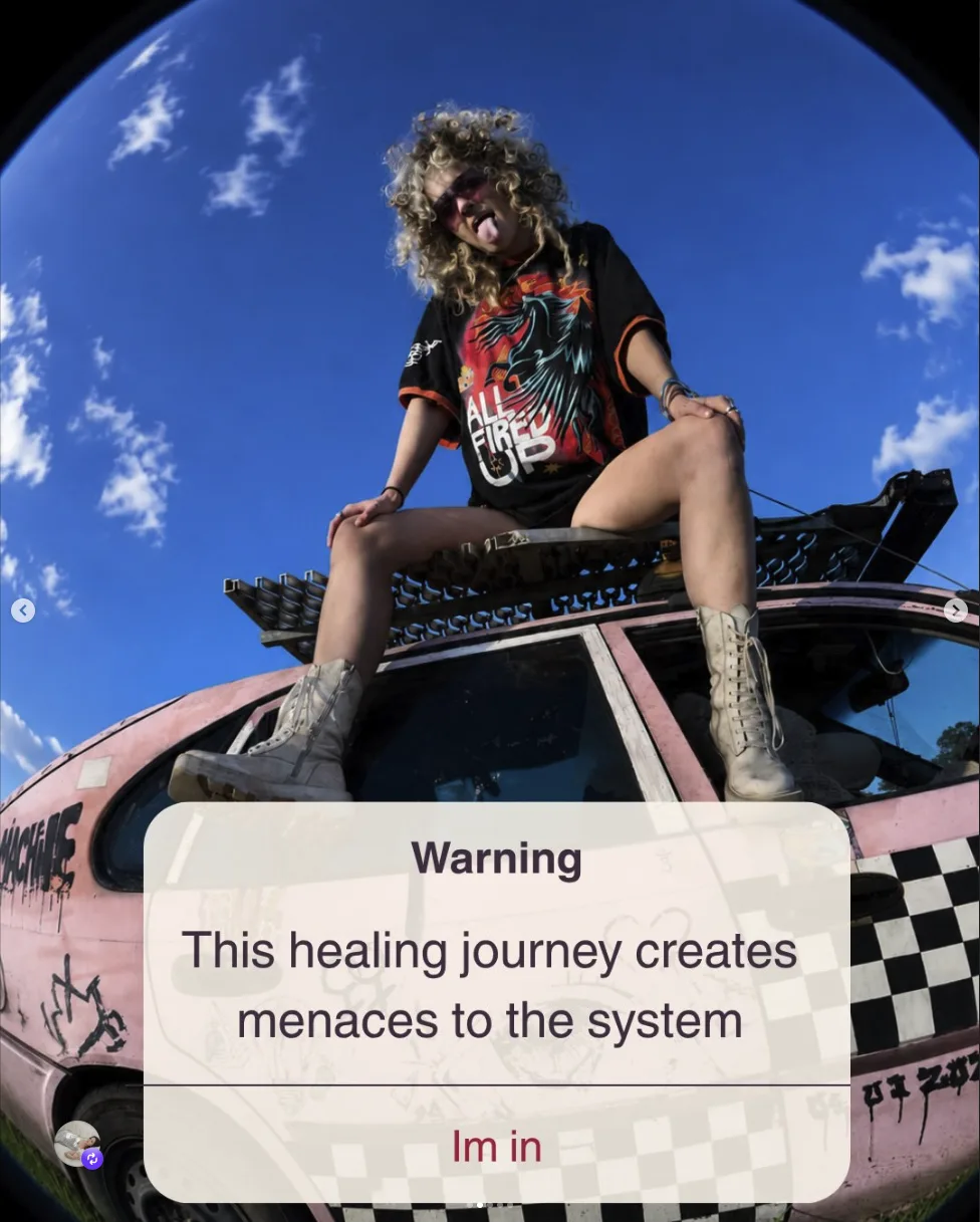 Teddi sitting on the roof of a pink graffiti van under a blue sky